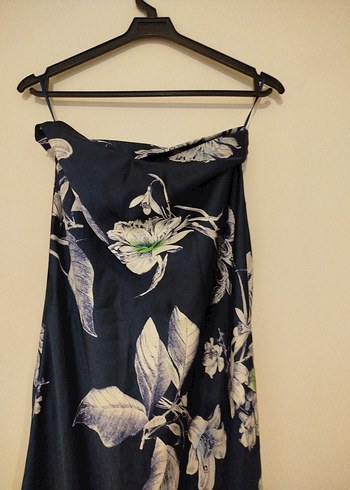 ZARA Kadın Lacivert Desenli Saten Uzun Etek - Görsel 5