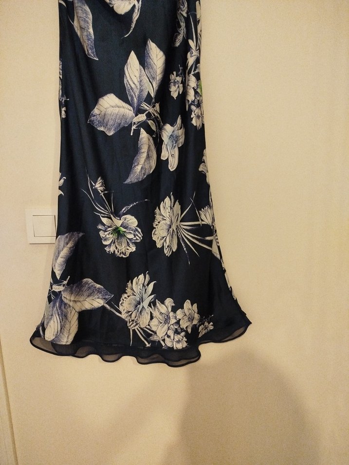 ZARA Kadın Lacivert Desenli Saten Uzun Etek - Görsel 4