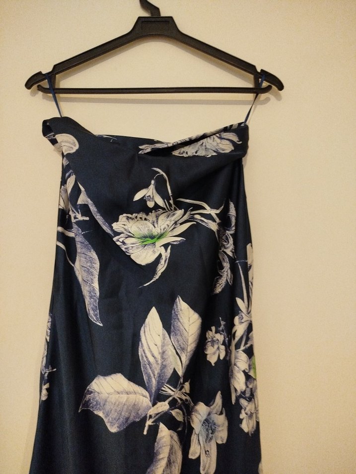 ZARA Kadın Lacivert Desenli Saten Uzun Etek - Görsel 5