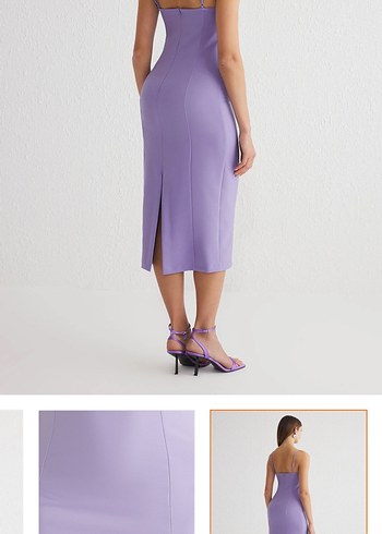 Uzun Mor İnce Askılı Kalem Elbise - Görsel 5