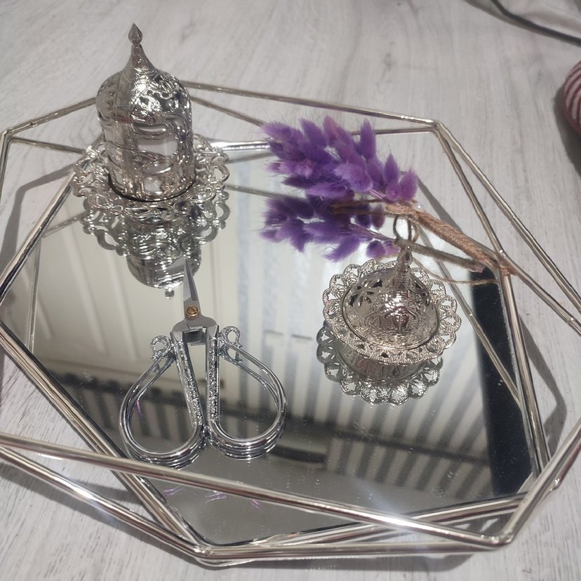 Nişan tepsisi bohem Çiçek Desenli Mor Gri Tepsi - Görsel 3