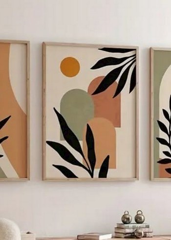  Beden Sarı Güneş ve Yeşil Dal Temalı Minimalist Tablo