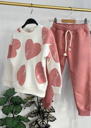 Kızlar için beyaz baskılı sweatshirt ve yeşil rahat eşofman - Görsel 2