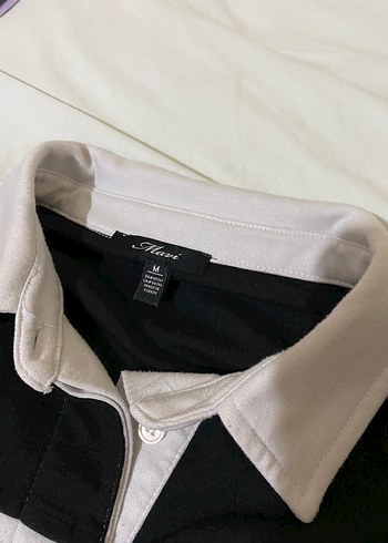 Siyah Beyaz Çizgili Polo sweatshirt - Görsel 3