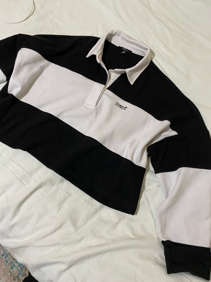 Siyah Beyaz Çizgili Polo sweatshirt - Görsel 2