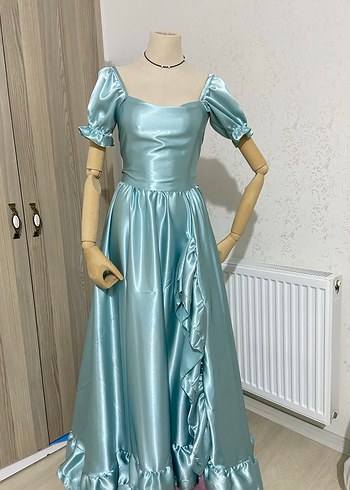Mavi Uzun Askılı Vintage Abiye Elbise