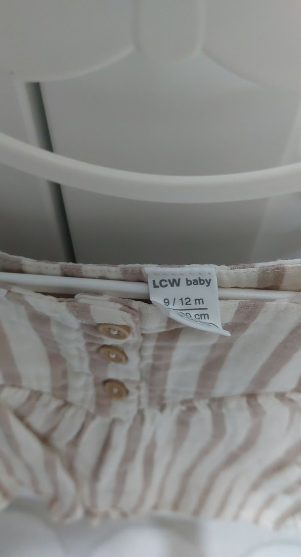 Düğmeli Bebek Kız Tulum, Bej Çizgili - Görsel 2