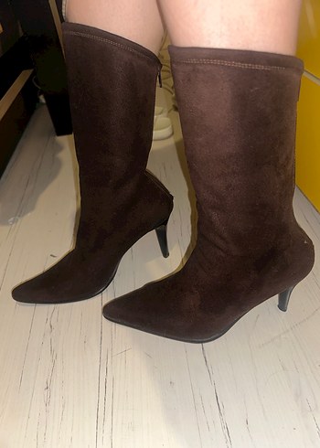 Kahverengi Süet İnce Topuklu Diz Boyu Çizme - Görsel 3