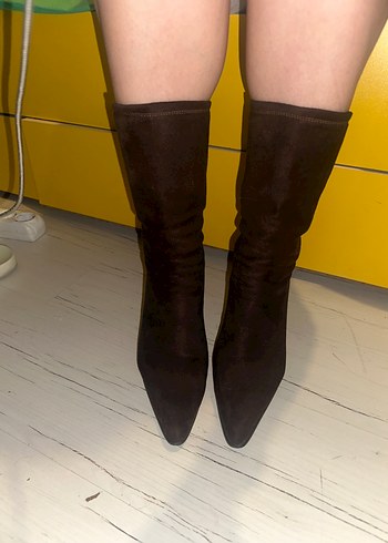 Kahverengi Süet İnce Topuklu Diz Boyu Çizme - Görsel 2