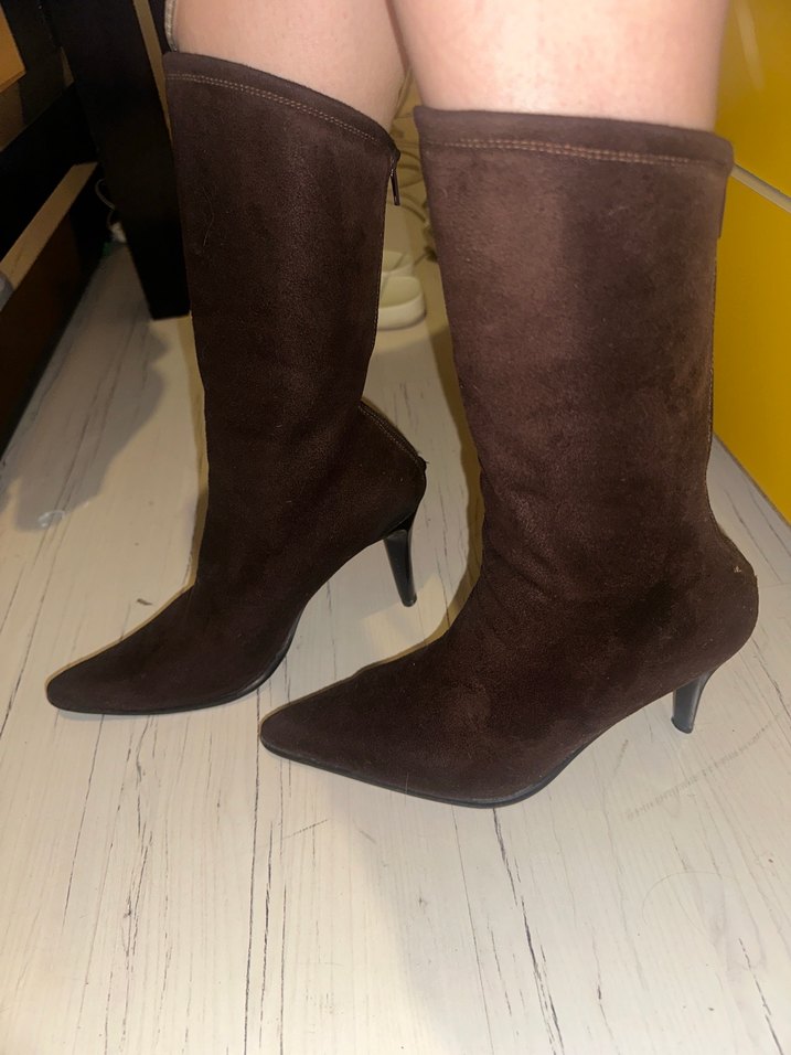 Kahverengi Süet İnce Topuklu Diz Boyu Çizme - Görsel 3