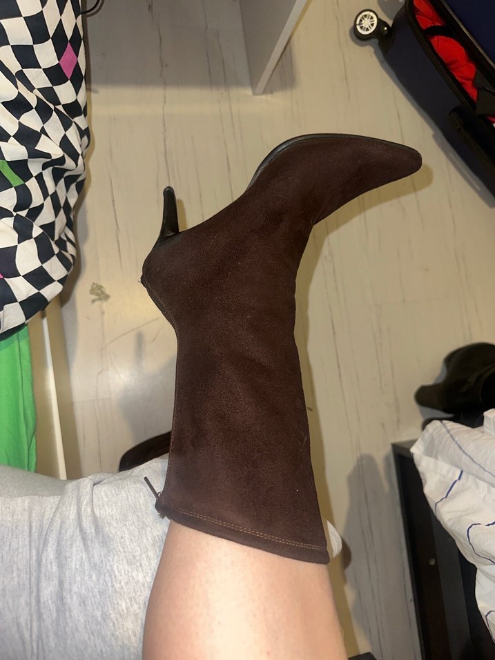 Kahverengi Süet İnce Topuklu Diz Boyu Çizme - Görsel 4