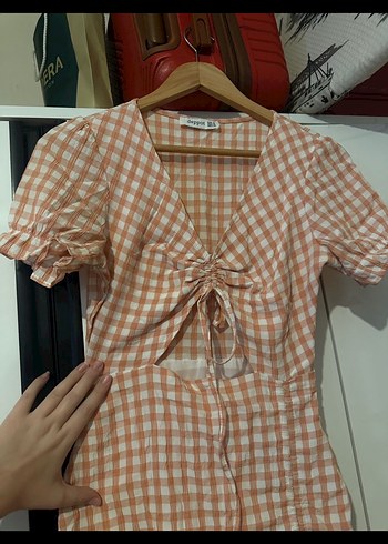 Mini Kareli V Yakalı Elbise - Görsel 3