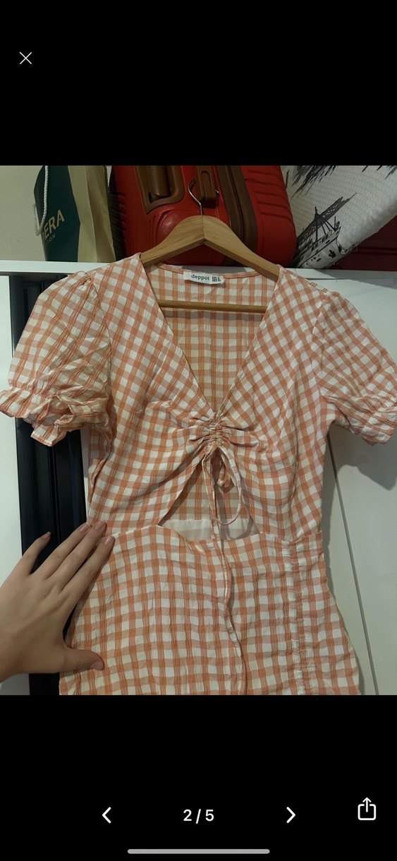 Mini Kareli V Yakalı Elbise - Görsel 3