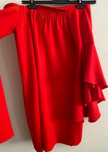 Kırmızı - nar çiçeği arası omzu düşük abiye elbise - Görsel 3