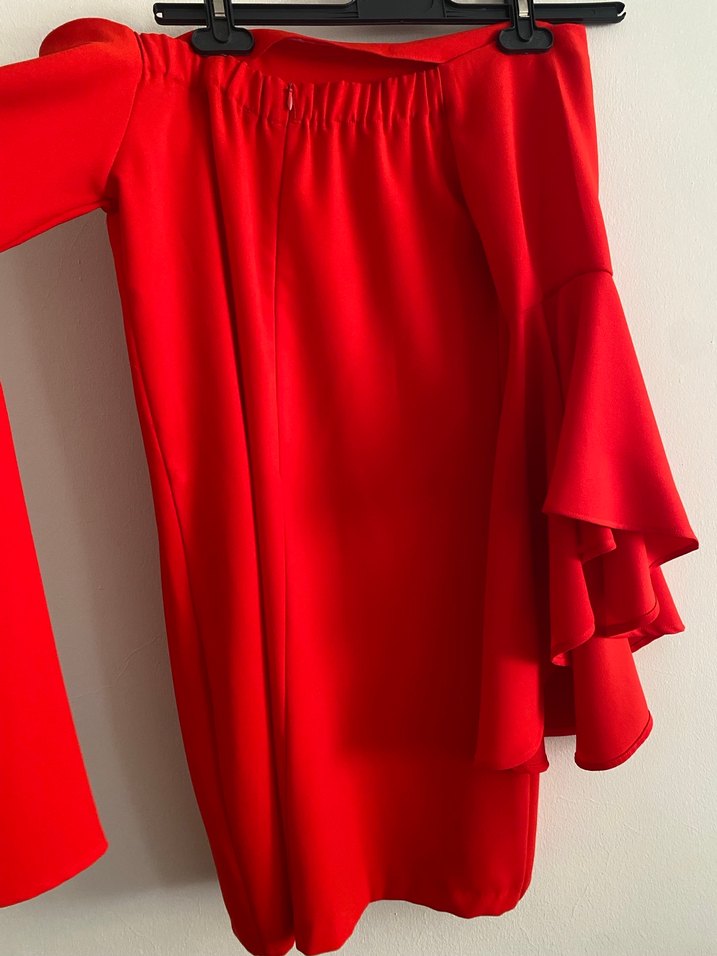 Kırmızı - nar çiçeği arası omzu düşük abiye elbise - Görsel 3