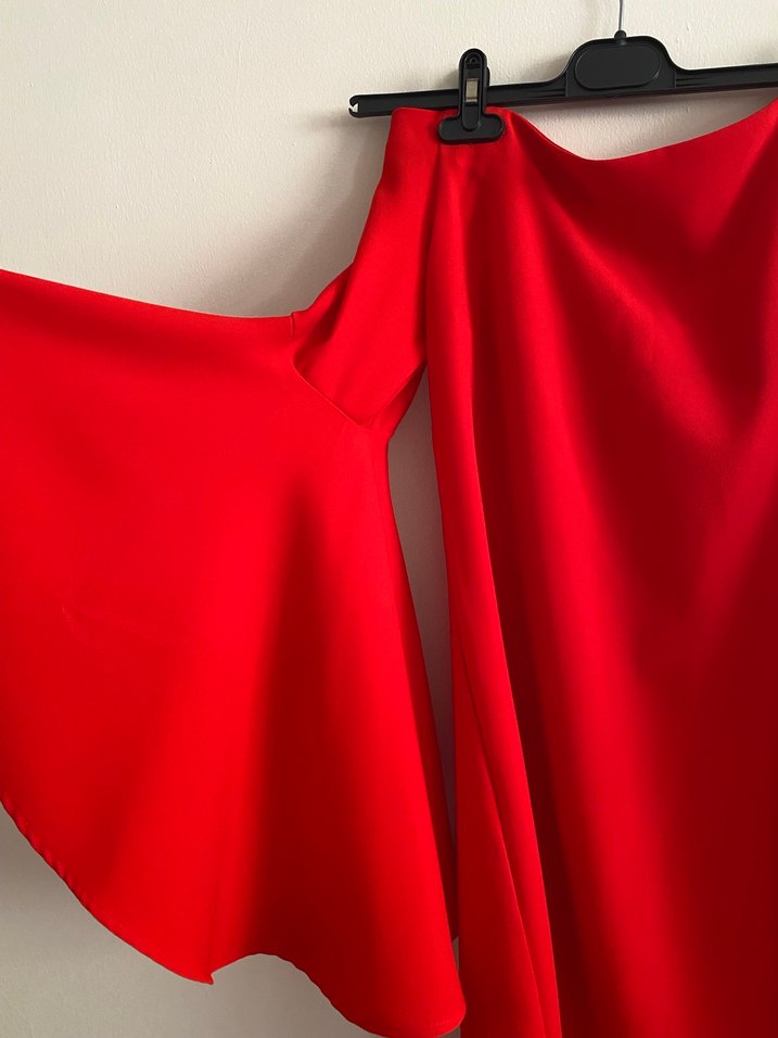 Kırmızı - nar çiçeği arası omzu düşük abiye elbise - Görsel 2