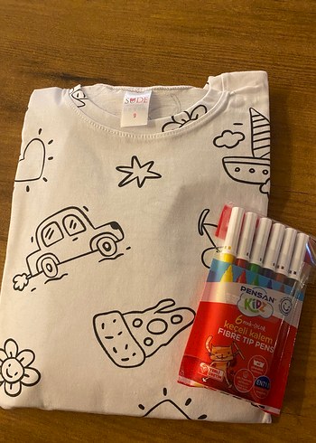 Beyaz Çocuk Boyama Tişörtü ve Keçeli Kalem Seti - Görsel 2