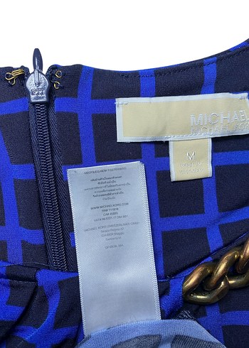 Michael Kors MICHAEL KORS M Beden Siyah-Mavi Kare Desenli Elbise Orijinal
