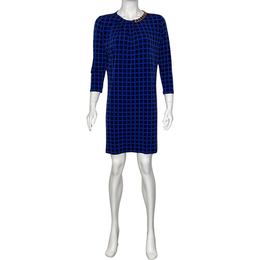 MICHAEL KORS M Beden Siyah-Mavi Kare Desenli Elbise Orijinal - Görsel 2