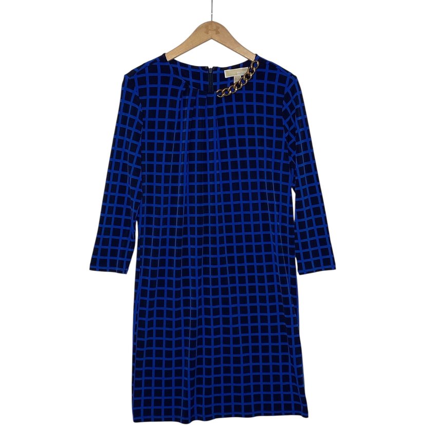 MICHAEL KORS M Beden Siyah-Mavi Kare Desenli Elbise Orijinal - Görsel 5