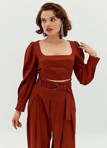 RUE 34 BEDEN KİREMİT RENGİ CROP BLUZ ORİJİNAL
