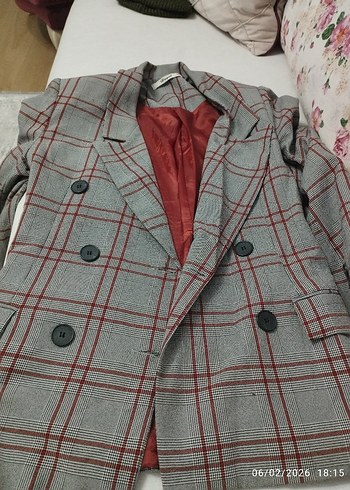 Gri Ekose Düğmeli Kadın Blazer Ceket - Görsel 3