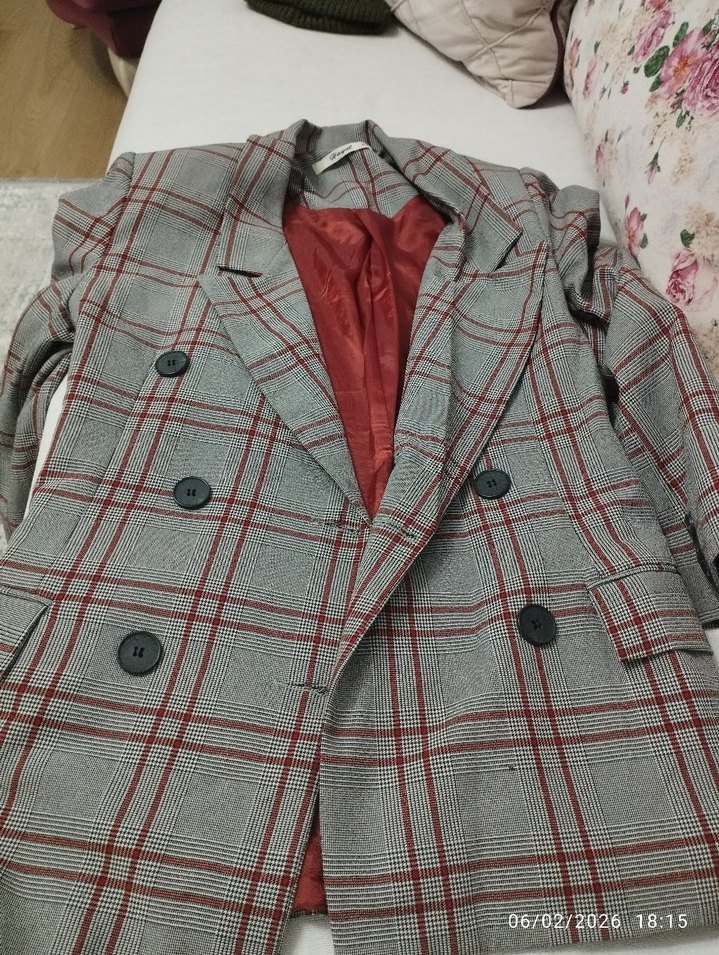 Gri Ekose Düğmeli Kadın Blazer Ceket - Görsel 3