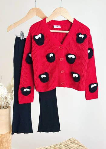 Nakışlı Kırmızı Mini Örgü Hırka - Görsel 2