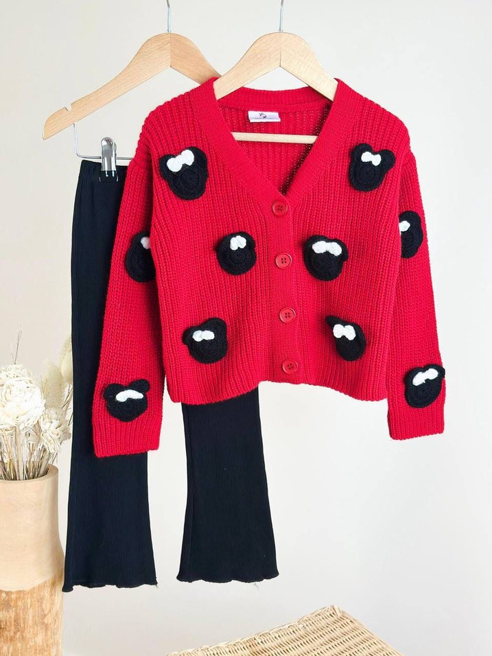 Nakışlı Kırmızı Mini Örgü Hırka - Görsel 2