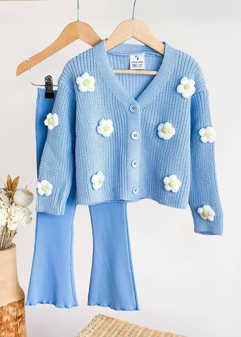 Mavi Çiçekli Örgü Kadın Hırka - Görsel 2