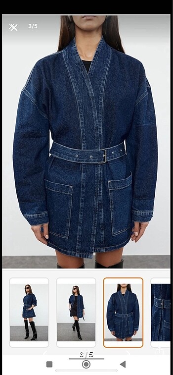 Trendyolmilla koyu mavi renk bloklu kemerli oversize denim ceket