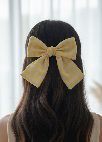 Bohem Sarı Ekose Fiyonk Saç Aksesuarı - Görsel 3