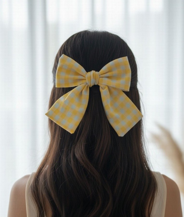 Bohem Sarı Ekose Fiyonk Saç Aksesuarı - Görsel 3