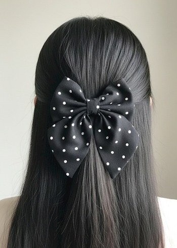 Beyaz Puantiyeli Parlak Fiyonk Saç Aksesuarı - Görsel 3
