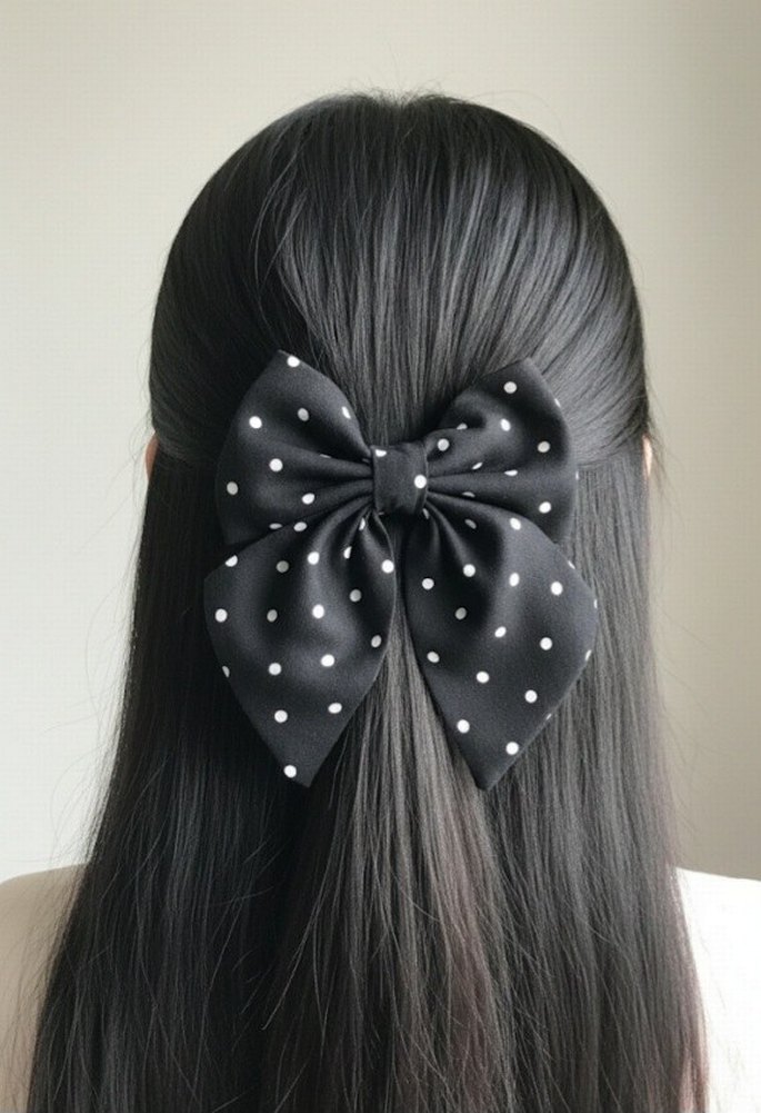 Beyaz Puantiyeli Parlak Fiyonk Saç Aksesuarı - Görsel 3