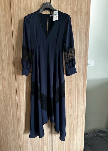 Lacivert Uzun Kollu Drapeli Gotik Elbise