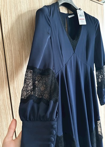 xs Beden Lacivert Uzun Kollu Drapeli Gotik Elbise