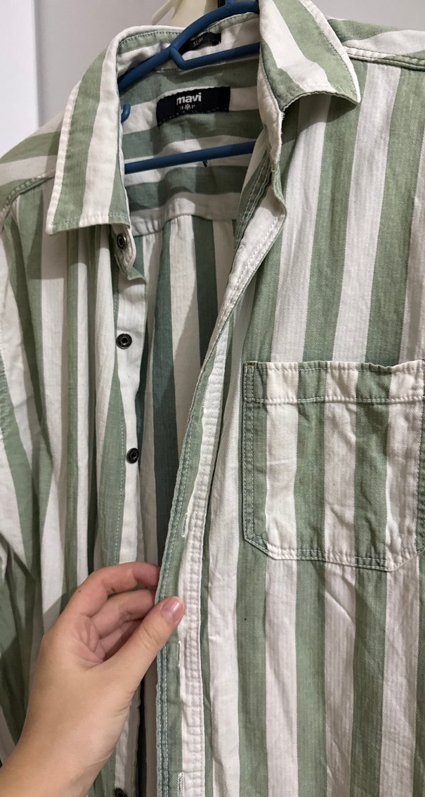 Yeşil Çizgili Keten Erkek Gömlek - Görsel 5