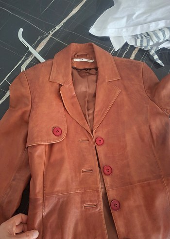 Düğmeli Bej Deri Kadın Ceket - Görsel 6