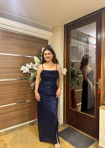 Parlak Lacivert Uzun Kadın Abiye Elbise - Görsel 2