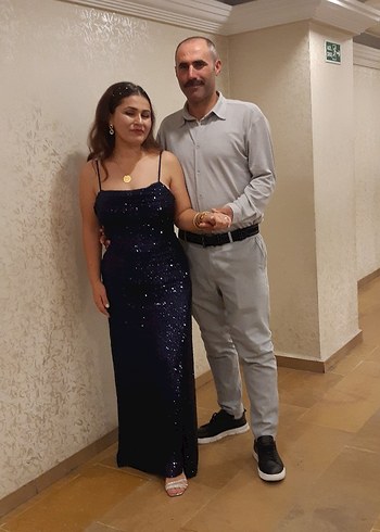 Parlak Lacivert Uzun Kadın Abiye Elbise - Görsel 3