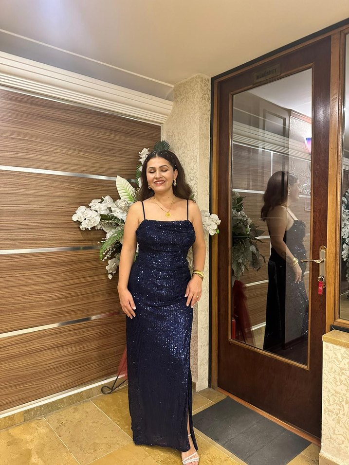 Parlak Lacivert Uzun Kadın Abiye Elbise - Görsel 2