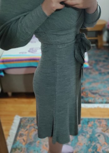 Gri V-Yaka Örgü Kadın Keten elbise - Görsel 4