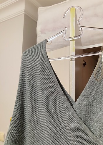 Gri V-Yaka Örgü Kadın Keten elbise - Görsel 2