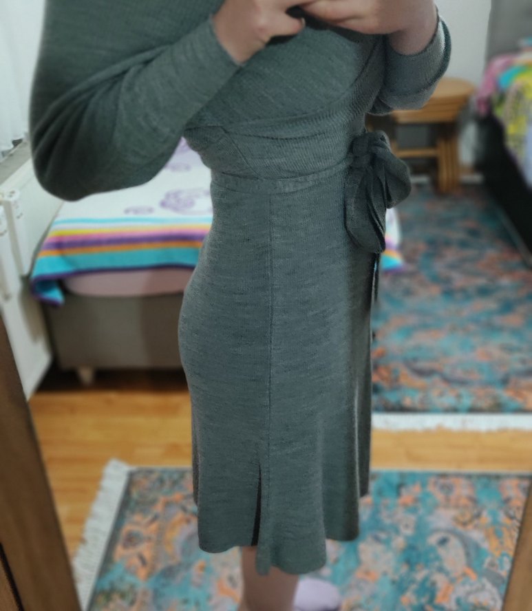 Gri V-Yaka Örgü Kadın Keten elbise - Görsel 4