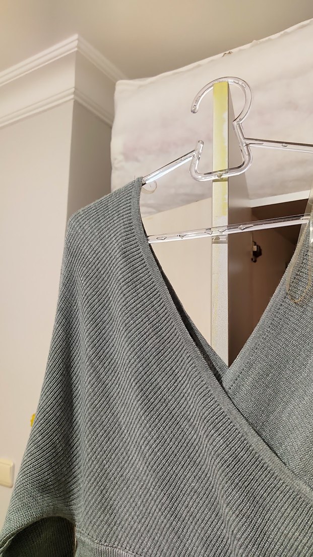 Gri V-Yaka Örgü Kadın Keten elbise - Görsel 2