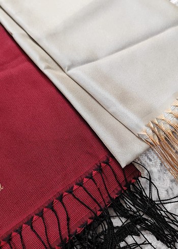 Bordo Püsküllü Kadın Saten Şal ARMINE - Görsel 3