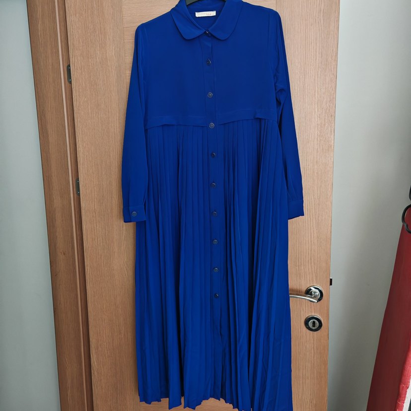 Mavi Pilili Uzun Kollu Gömlek Yaka Tunik - Görsel 2