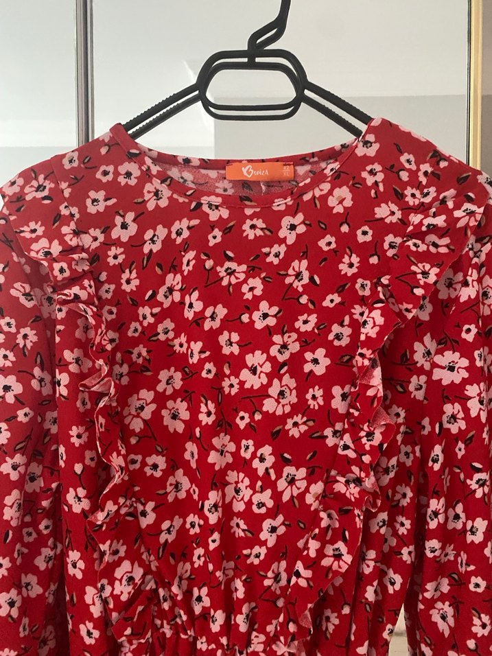 Kırmızı Çiçek Desenli Uzun Bohem Elbise - Görsel 3