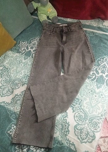 Düğmeli Gri Bağlama Desenli Bol Kesim Jean - Görsel 4